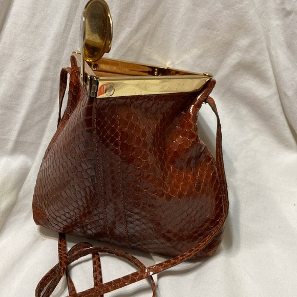 Vintage Small Dark Brown Snake Skin Evening Purse W/Thin Strap Metal hardware - Picture 9 of 12